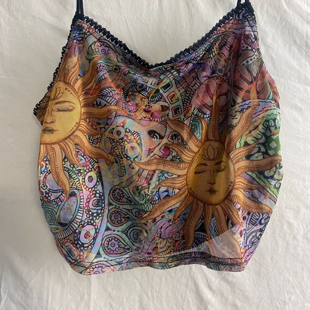 Urban outfitters 90s celestial sun print mesh cropped tank top multicolor small